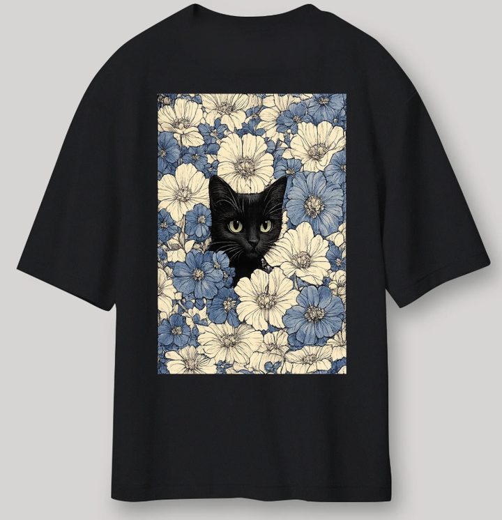 A T-shirt with a cat and flowers design, found online